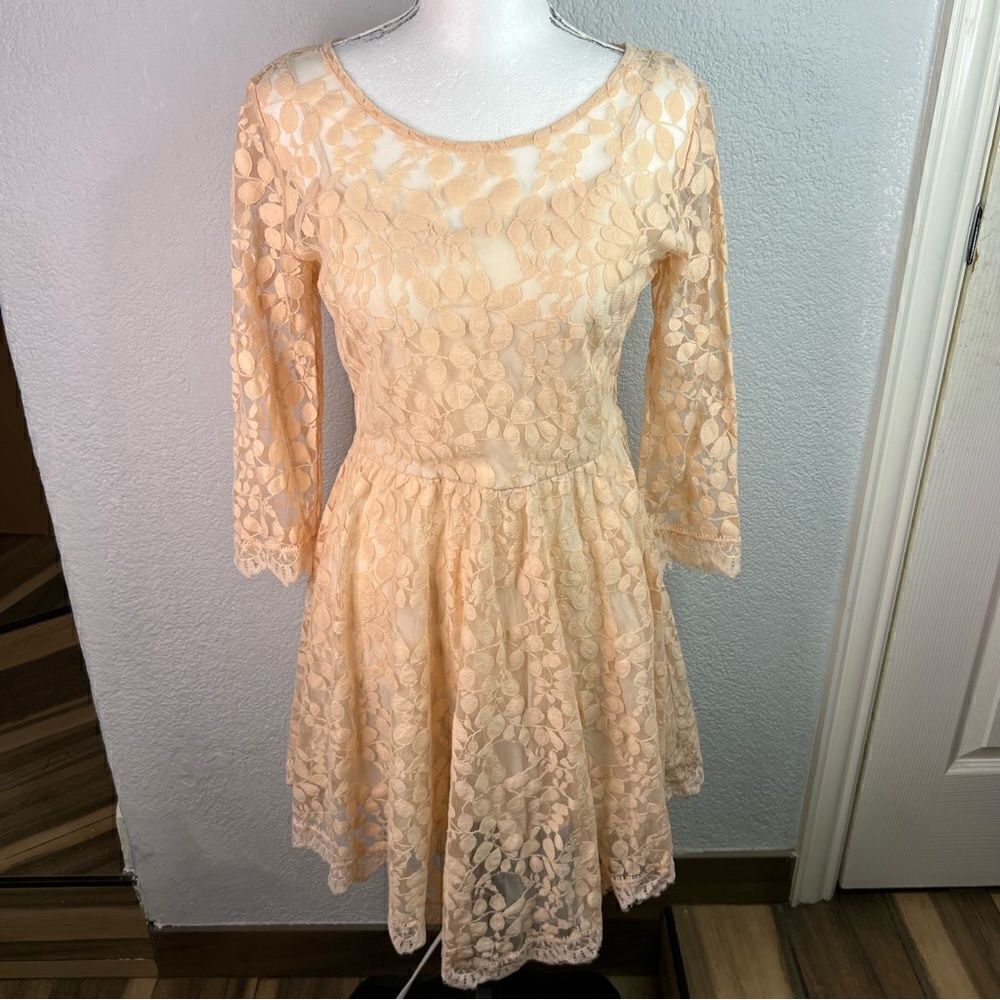 Free People Floral Mesh Lace Peach Lined Long Sleeve High Low Mini Dress Sz S - Picture 2 of 15